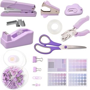 Desk Accessory Kit includes Stapler Staples Staple Remover Tape Dispenser Transparent Tape Scissors Push Pins Paper Clips Binder Clips Single Hole Punch Telescopic Knife (Purple 2)