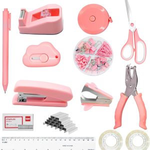 Pink Office Supplies, 14Pcs Pink Desk Accessories includes Stapler Remove, includes Desktop Staple,Stapler Remove,Single Hole Punch,Tape Dispenser,Stainless Steel Scissors