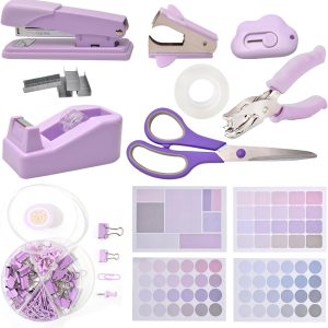 Purple Desk Accessory Kit, Stapler with Staples Staple Remover Tape Dispenser Transparent Tape Scissors Push Pins Paper Clips Binder Clips Single Hole Punch Telescopic Knife Tape Measure