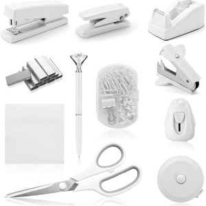 White Desk Accessory Kit Cute Office Supplies Set Desktop Stapler Set includes Staple Remover Hole Punch Tape Dispenser Ballpoint Pen Scissor Mini Box Cutter Tape Measure Paper Clips Sticky Notes